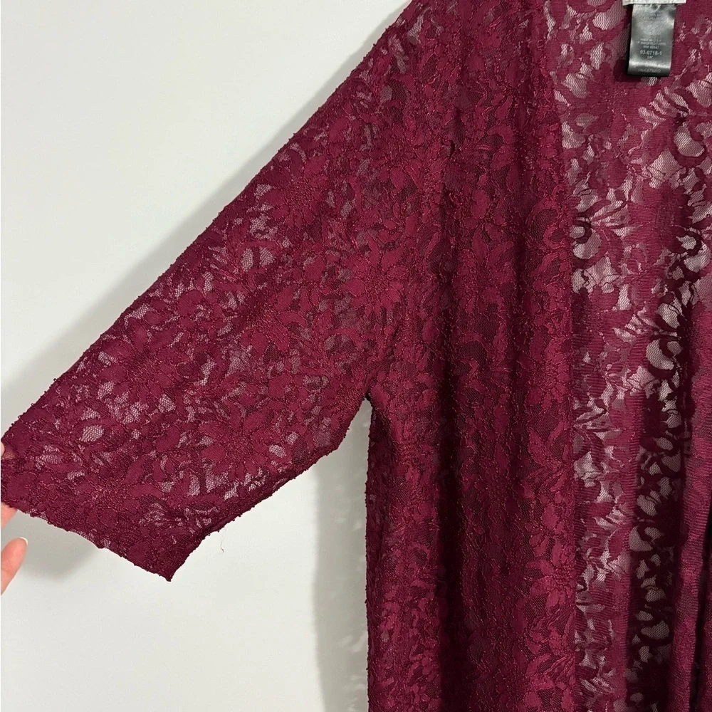 Catherines Women’s Lace Open Front Cardigan Size 22W Burgundy Floral 3/4 Sleeves - Picture 2 of 9